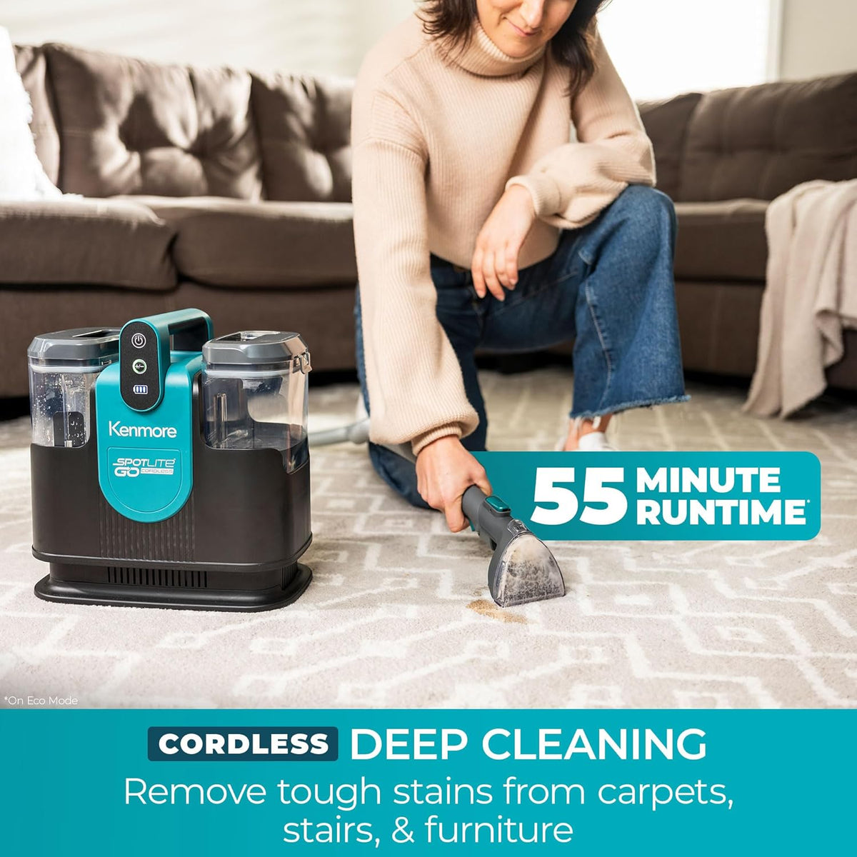 Kenmore KW1090 SpotLite Go 24V Cordless Brushless Portable Carpet Spot Cleaner, 16Kpa Power Suction, 55Mins Runtime with Hose Cleaning Tool for Pets, Area Rugs & Couches