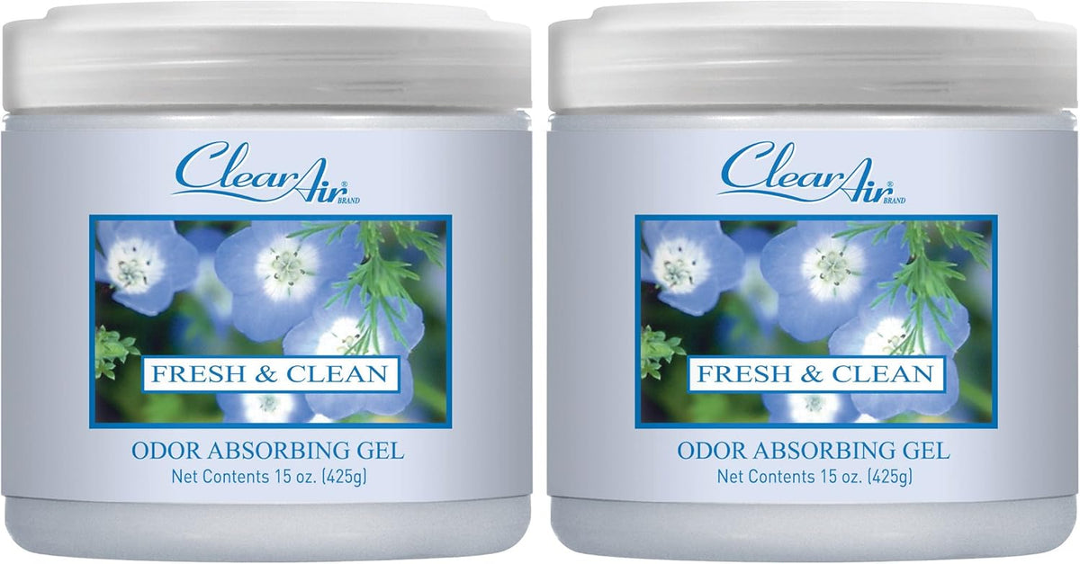 Clear Air Odor Absorber Gel - 15 oz, Pack of 2 - Air Freshener Absorbs and Eliminates Odors in Bathrooms, Cars, Boats, RVs and Pet Areas - Made with Essential Oils - Fresh & Clean Scent