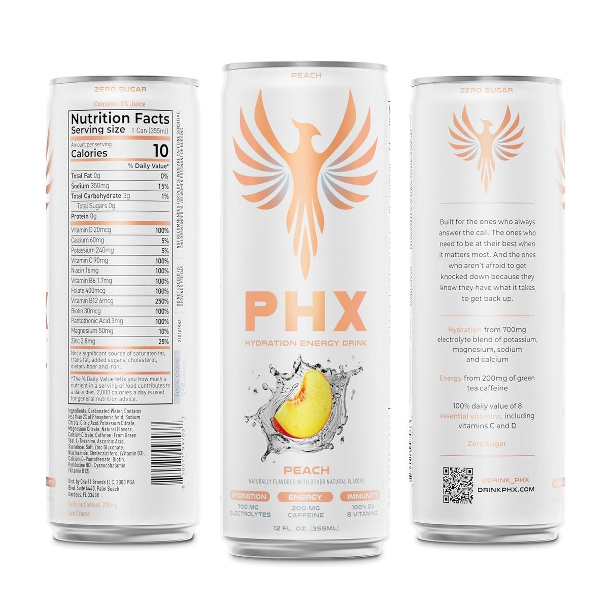 PHX Hydration Energy Drink - 700mg Electrolytes, 200mg Natural Green Tea Caffeine, 100% Daily Value 8 Essential Vitamins - 12 oz Cans (12 Pack) (12 Pack, Peach)