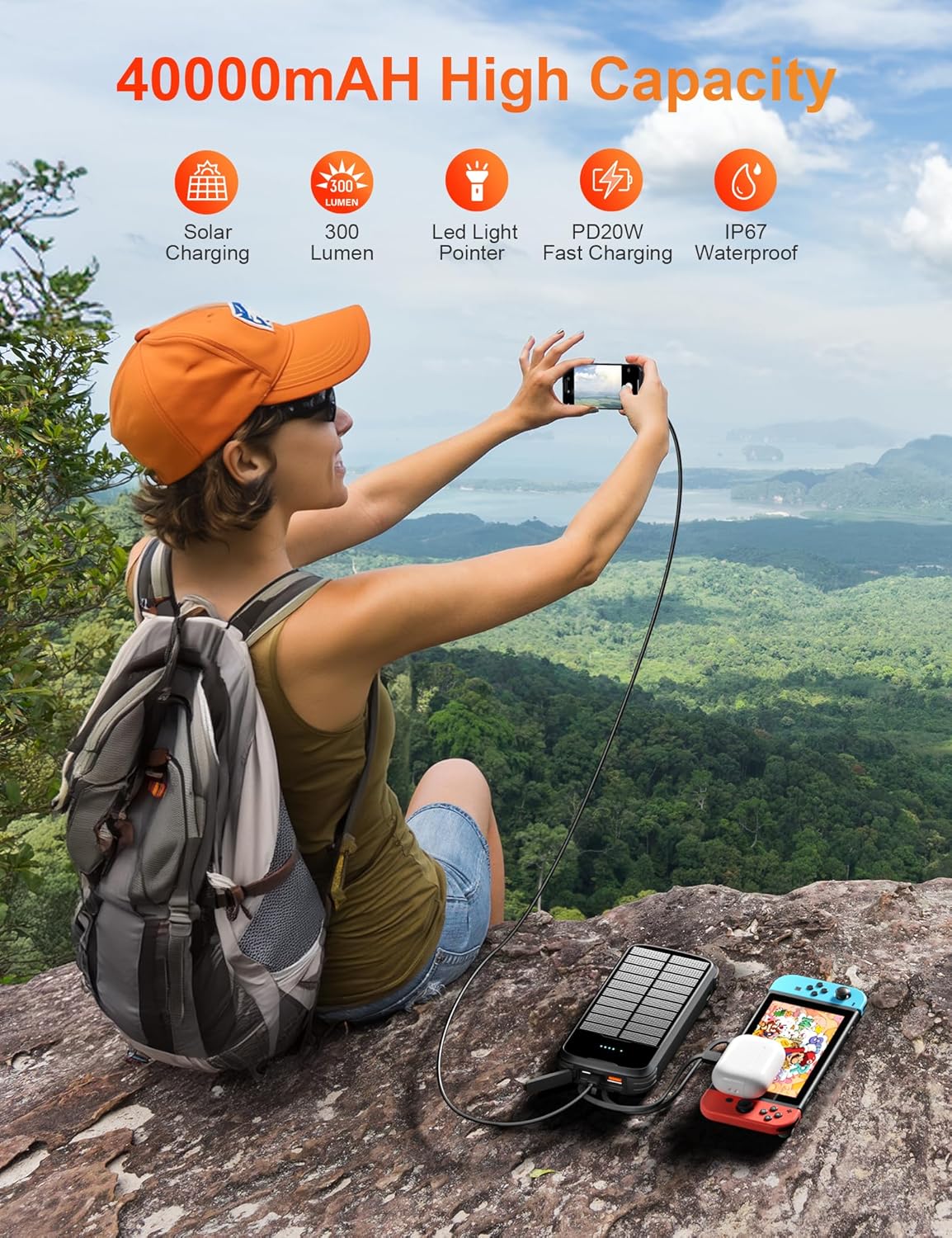 Solar Charger Power Bank, 40000mAh Portable Phone Charger Built in 4 Cables with USB C in/Output, PD 20W Fast Charging Portable Charger, External Battery Pack with Dual Bright Flashlights