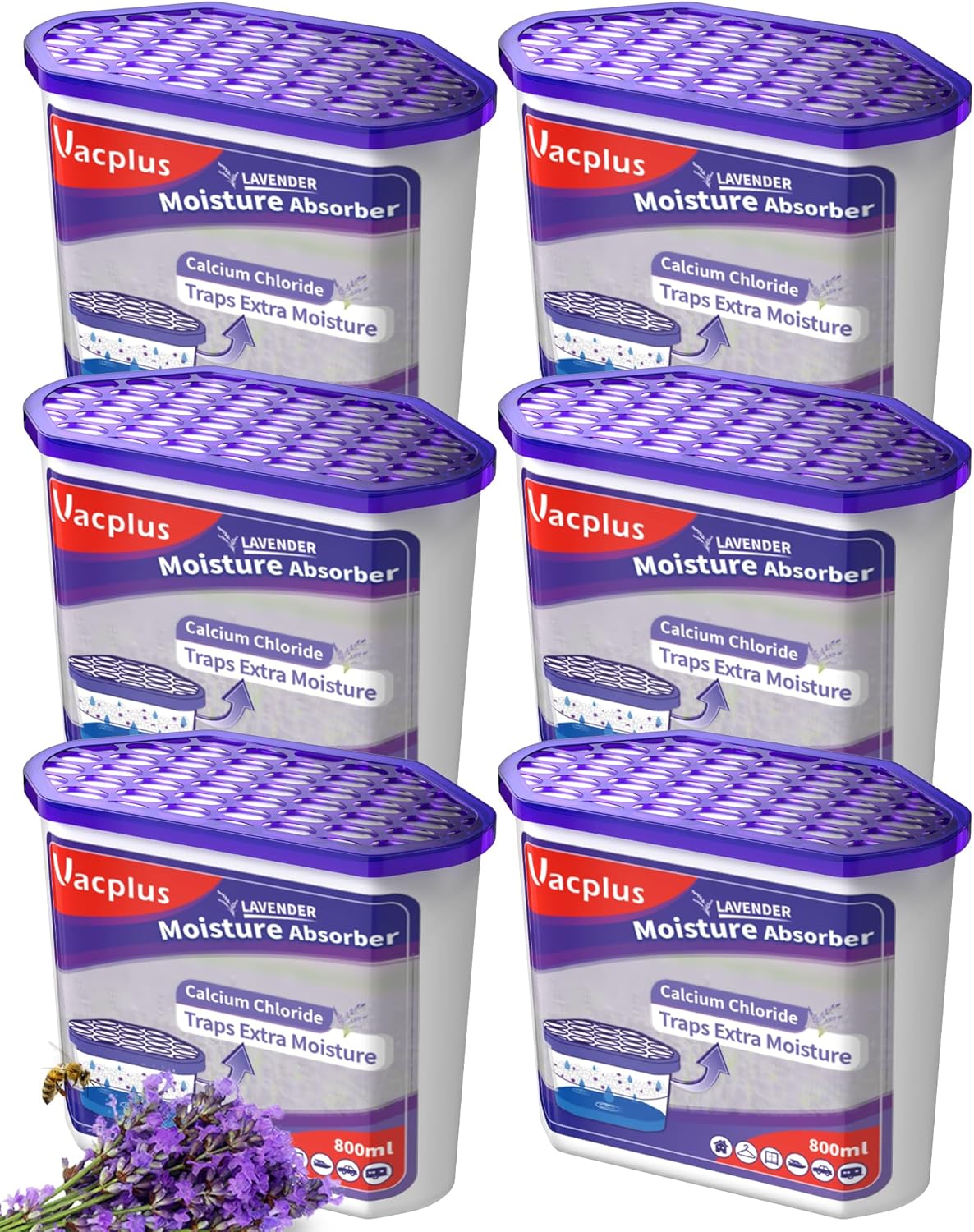 Vacplus Moisture Absorbers 6 Pack, 16.0 Oz Portable Humidity Absorber Boxes for Your Bathroom, Closet & Car, Dehumidifier with Lavender Fragrance, Purple