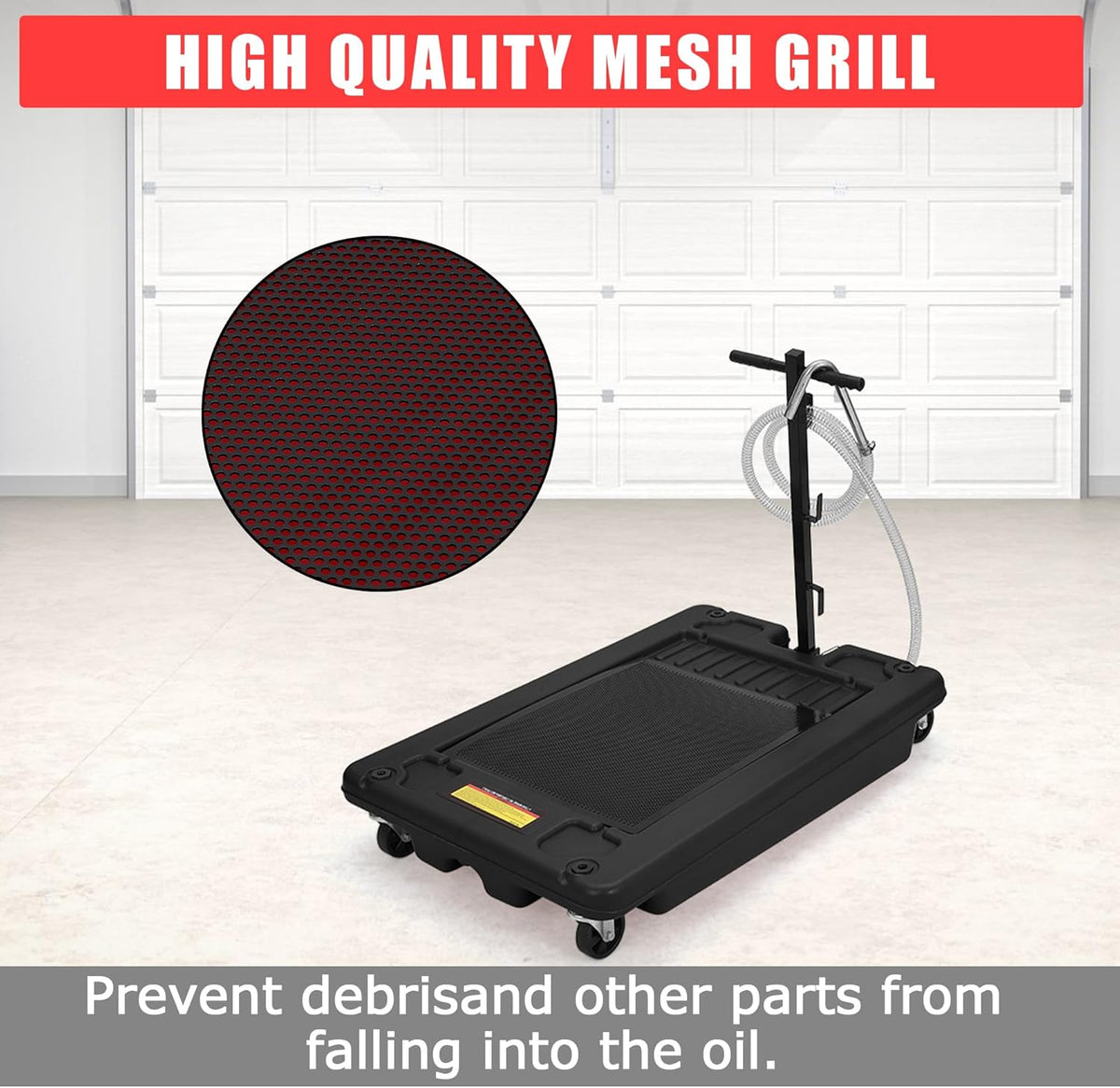 ‌17 Gal Electric Oil Drain Pan, Low Profile Mobile Oil Changing Pan with Hand Pump, 8 Ft Hose & Quick Drain Valve, Leak-Proof Design for Truck Car Motorcycle, Garage Workshop Use
