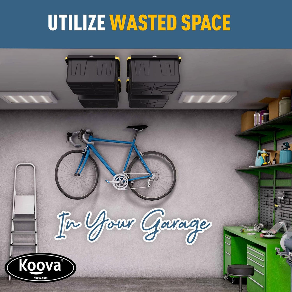 Koova Heavy-Duty Overhead Garage Storage Rack for 4 Bins. Adjustable Width, 160lb Capacity. DIY Safe Ceiling Mount, Easy Install. Fits 27-Gallon Totes. USA Made Pro-Grade Steel. Space Saving Organizer