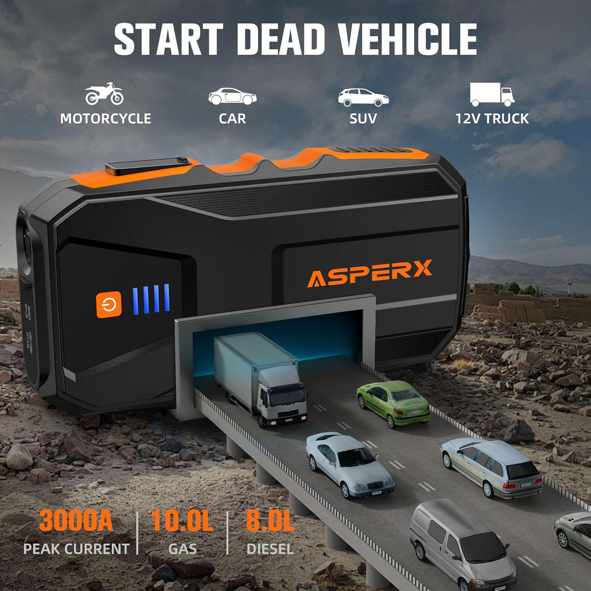 ASPERX 3000A Jump Starter for Car Battery, 12V Portable Jump Box with LED Light & Smart Jumper Cables, BMS for Up to 10.0L Gas or 8.0L Diesel Engines