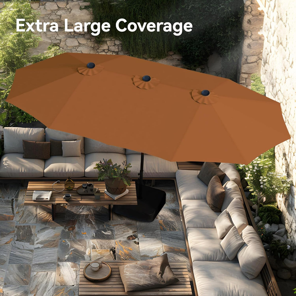 PHI VILLA 15ft Large Patio Umbrellas with Base, Outdoor Double-Sided Rectangle Market Umbrella for Pool Lawn Garden, Maillard Brown