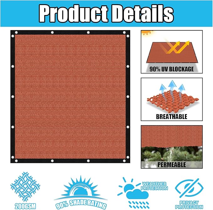 Amagenix 90% Pergola Shade Cover 8' X 14' Sun Shade Cloth with Grommets for Outdoor Garden Patio Porch, Commercial Grade 200 GSM - Cable Zip Ties Included (We Customized) GN108, Rust Red