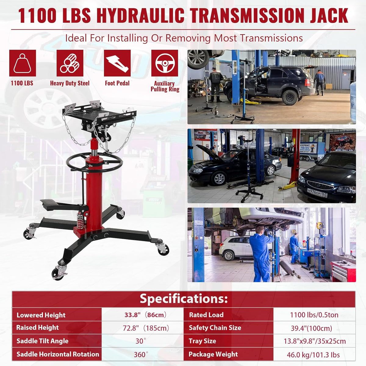 Hydraulic Transmission Jack 1100 Lbs (1/2 Ton) Capacity 33.8"-72.8" Lifting Height 2 Stage Hydraulic Telescoping Jack, Trans Jack Stand Heavy Duty with Foot Pedal and 360° Swivel Wheel, Red