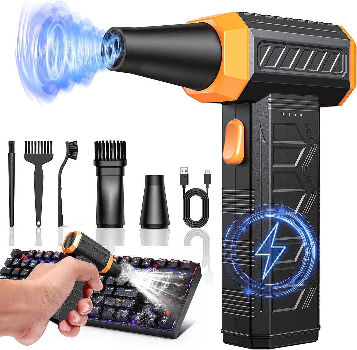 Electric Air Duster, 32,0000 RPM Compressed Air Duster & Blower, 7600mAh Rechargeable, 3-Speed LED Keyboard Cleaner for PC/Computer/Car, No Canned Air - Turbo Fan, Battery Powered