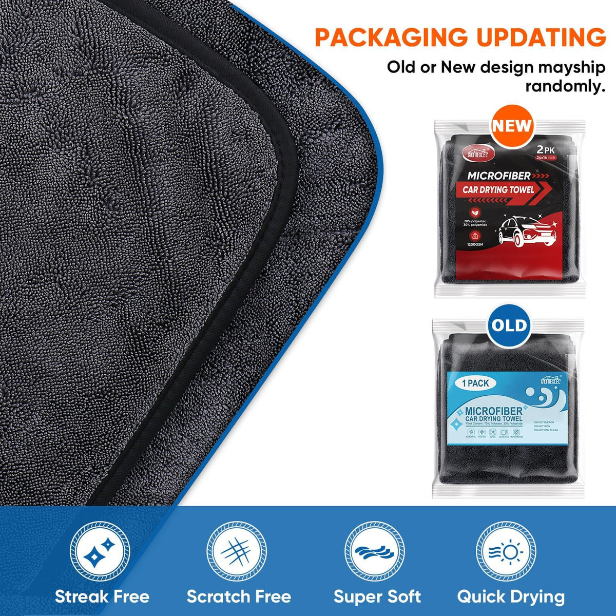 HOMEXCEL Car Drying Towel (24"x 16"), 1200GSM Ultra Absorbent Car Cleaning Cloth, Streak-Free Microfiber Drying Towel, Great for Cars, Trucks, SUVs, RVs, Motorcycles, 2 Packs