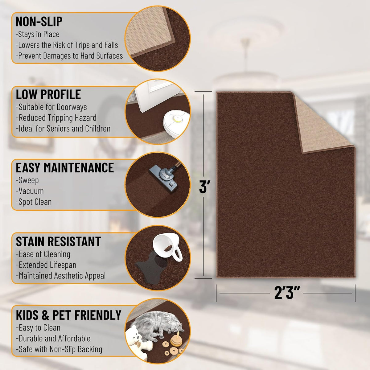 Ottomanson Rugs for Entryway 2'3" x 3' Non Slip Solid Small Area Rugs Durable Front Door Mat Rug Stain Resistant Entrance Rugs for Bathroom Kitchen Bedroom & Living Room, Brown