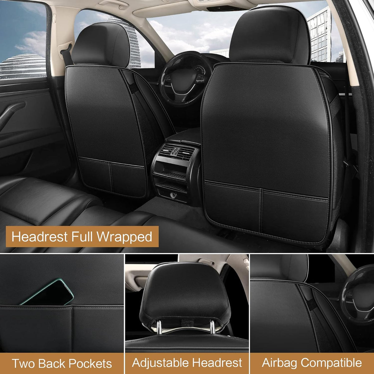 Pariitadin Leather Car Seat Covers Full Set, Waterproof Faux Leather Seat Covers for Cars, Non-Slip Car Interior Covers Universal Fit for Most Cars Sedans Trucks SUVs, Black Line
