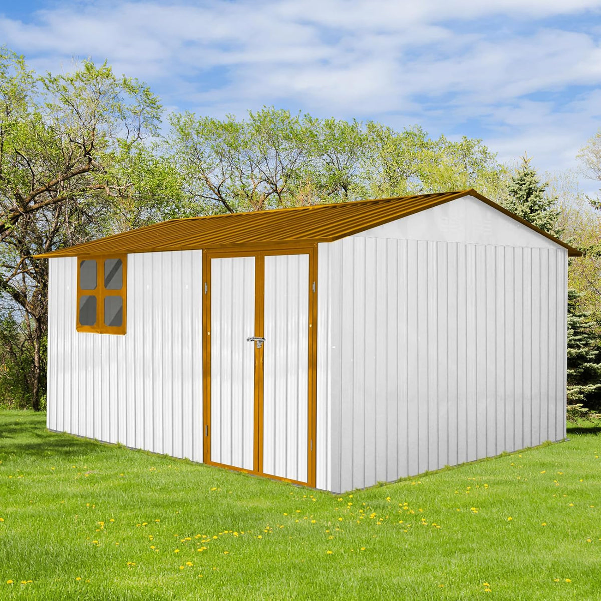 10x12 FT Outdoor Storage Shed, Large Metal Garden Shed with 4-pane Window, Outside Tool Shed with Lockable Hinged Door & 4 Air Vent, Waterproof Storage Building for Backyard, Patio, Lawn, White+Yellow