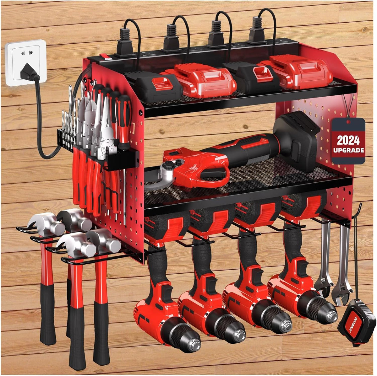 Veitorld Power Tool Organizer with Charging Station - 4 Drill Holders - Heavy Duty Modular Wall Mount Rack for Garage, Tool Storage Organizer - Christmas Birthday Gifts for Men Dad Him Husband