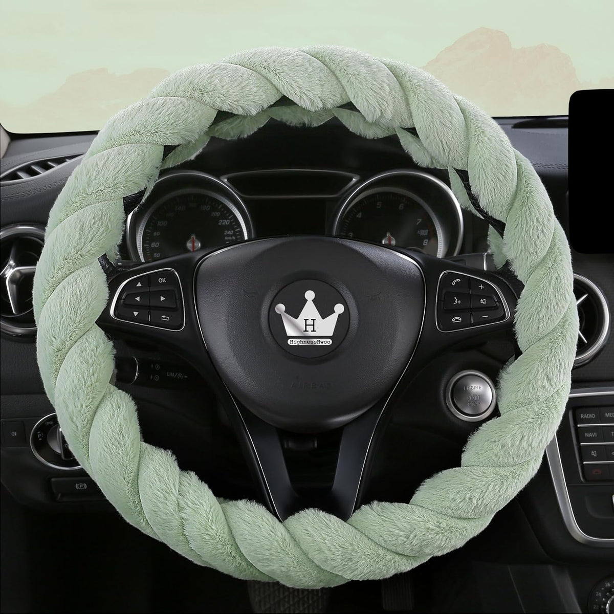 Luxury Fluffy Winter Car Steering Wheel Cover for Women Soft Warm Cute Auto Accessories for Jeep, Truck, Van, F150, Universal, Fuzzy, Anti Slip, Green, Large Size, 15.2-16in