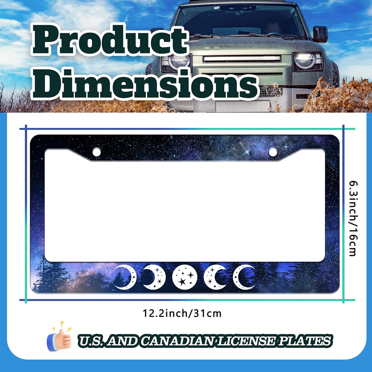 Moon Phases License Plate Frame Starry Sky Forest Moon License Plate Holder for Front or Rear Car Tags Stainless Steel Funny Car Decoration with Screws 6.3 X 12.2 in