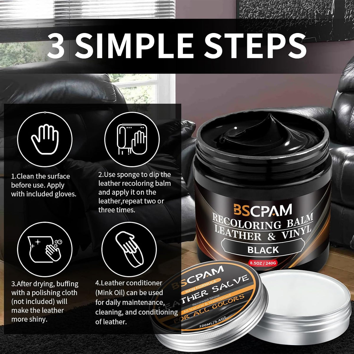 Black Leather Recoloring Balm with 100ml Mink Oil,Leather Couch Scratch Remover,Leather Repair kit for Vinyl Furniture and Car Interior,Leather Dye Paint,Mink Oil for Leather