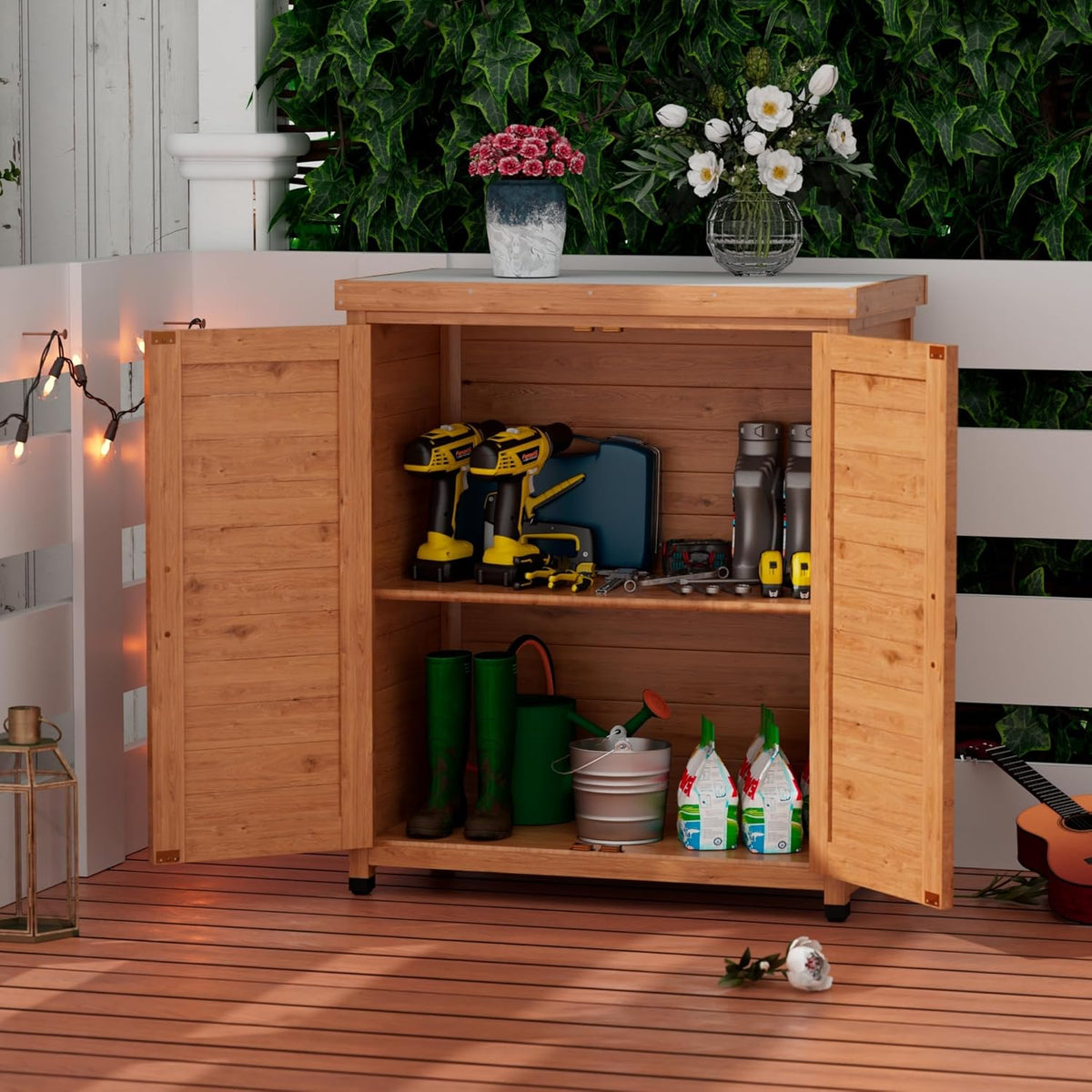 Outdoor Storage Shed Waterproof, Potting Shed with Storage Cabinet and Metal Table Top for Backyard Garden Patio, Outdoor Work Station Table, Light Brown