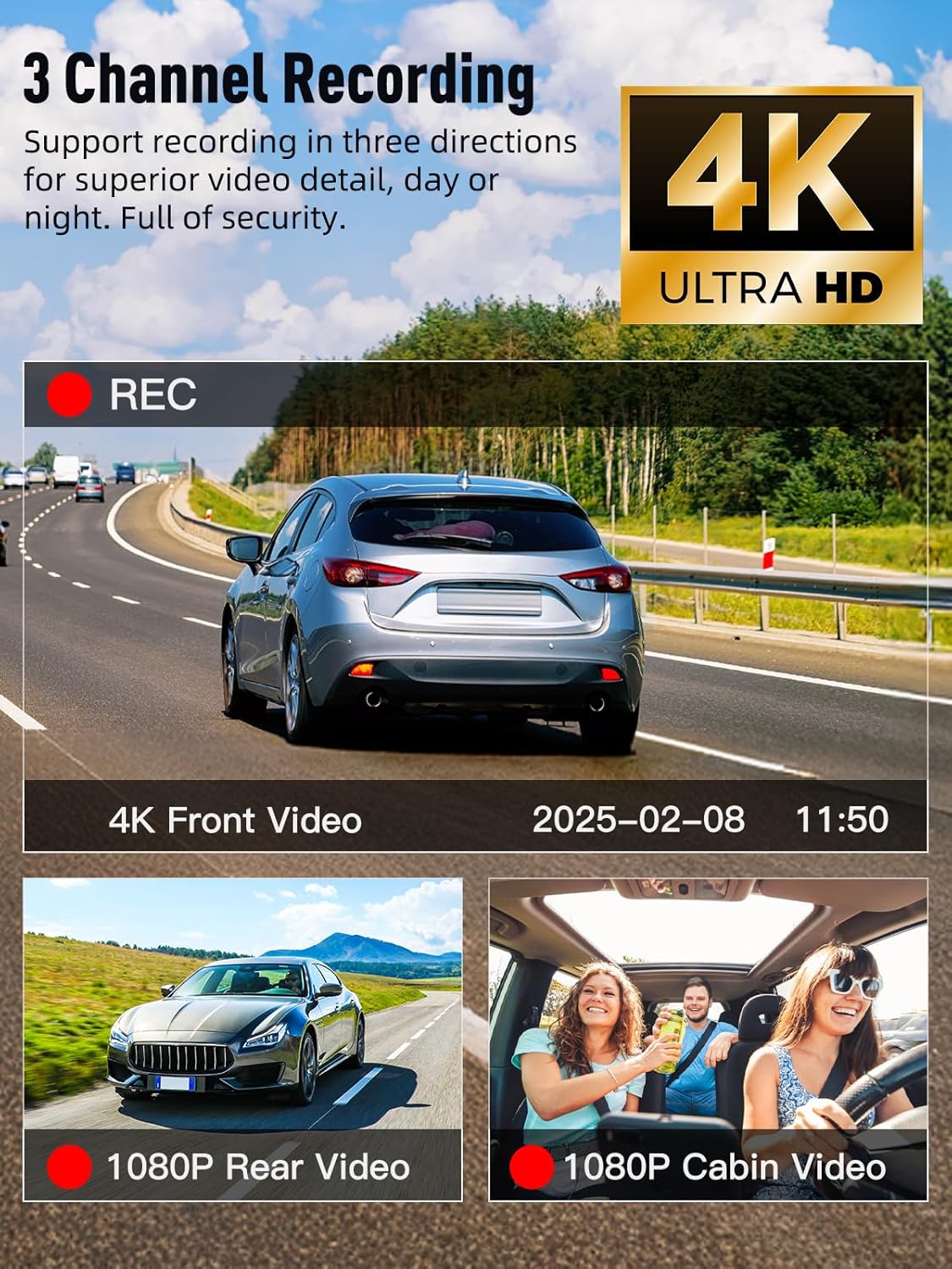 3 Channel 5G WiFi Dash Cam, 4K+1080P+1080P Dash Cam Front and Rear Inside with 64GB Card, 3.16” IPS Screen, G-Sensor, Loop Recording, Parking Monitor, 170° Wide Angle, IR Night Vision, WDR, Black