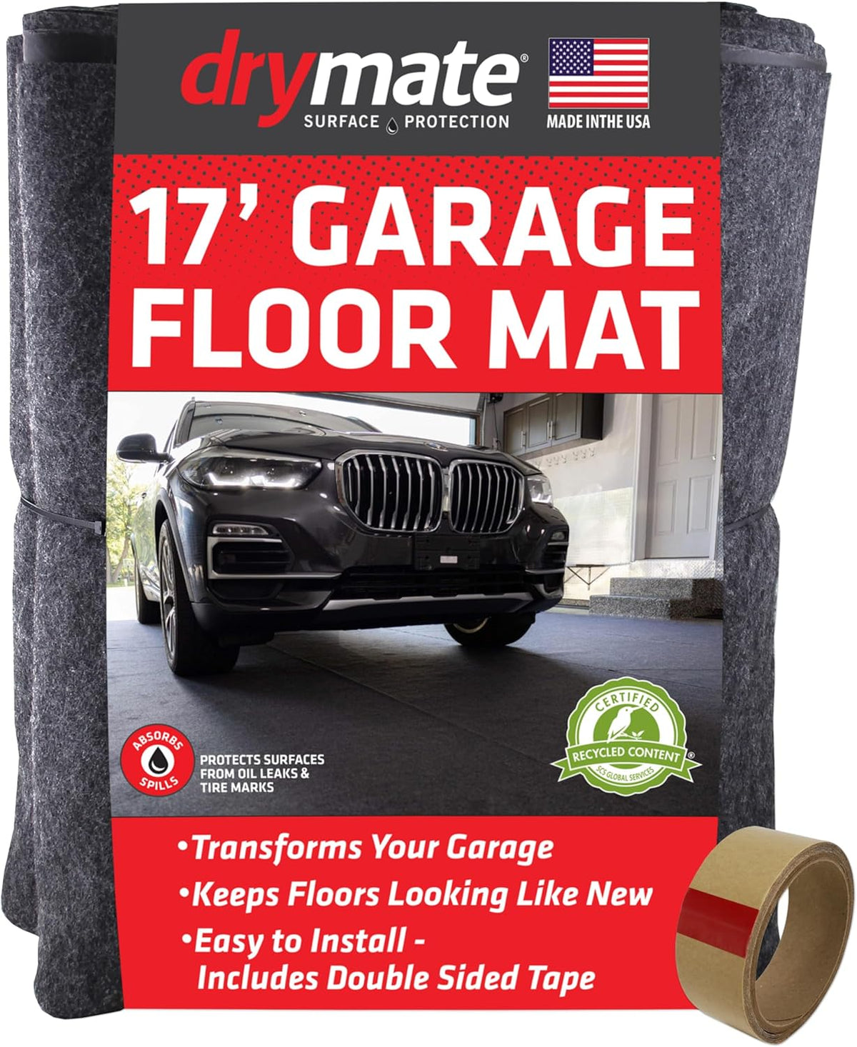 Drymate Garage Floor Mat, (17' x 7'4"), Protects Surfaces, Transforms Garage, Absorbent, Waterproof, Durable (USA Made) (Charcoal) (Includes Double Sided Tape)