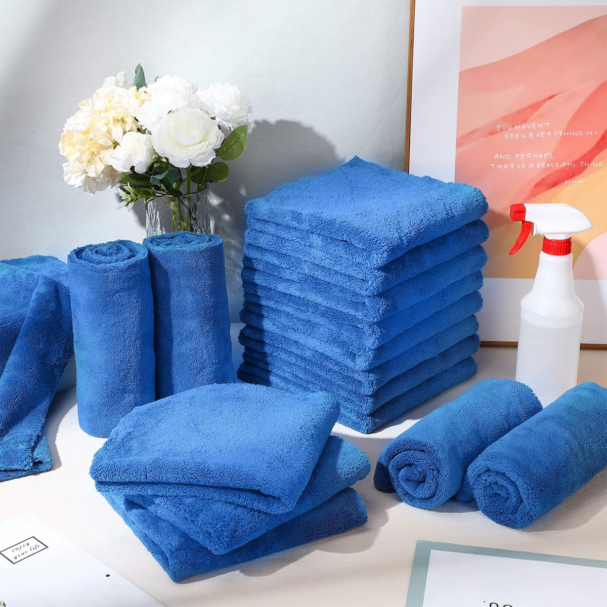 Shimeyao 30 Pcs Edgeless Microfiber Plush Towels for Cars Detailing Drying Wash Polishing Absorbent Cleaning Cloths, 500 GSM, 16 x 16 Inch(Dark Blue)