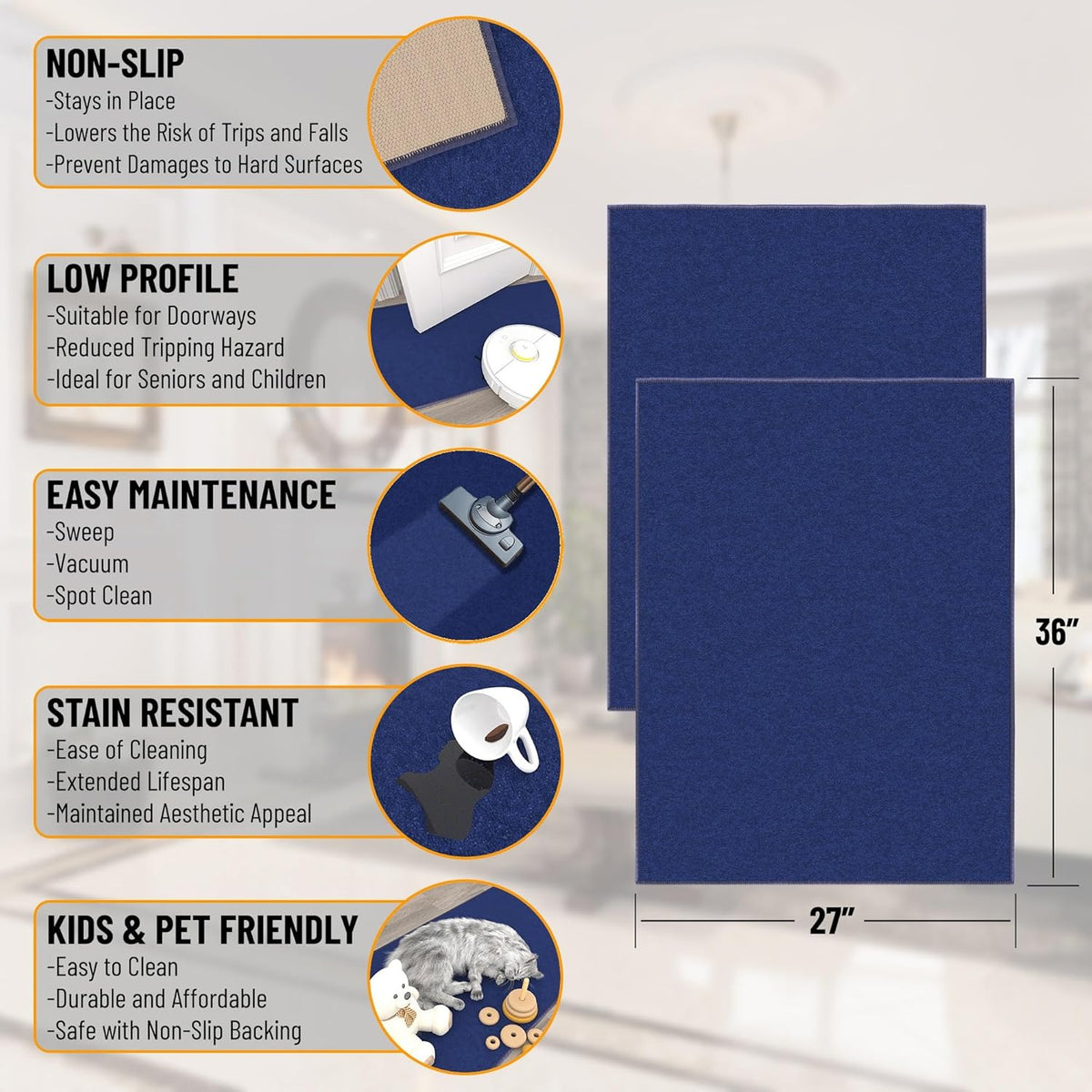 Ottomanson Rugs for Entryway 2'3" x 3' - 2 Pack Non Slip Solid Small Area Rugs Durable Front Door Mat Rug Stain Resistant Entrance Rugs for Bathroom Kitchen Bedroom & Living Room, Navy