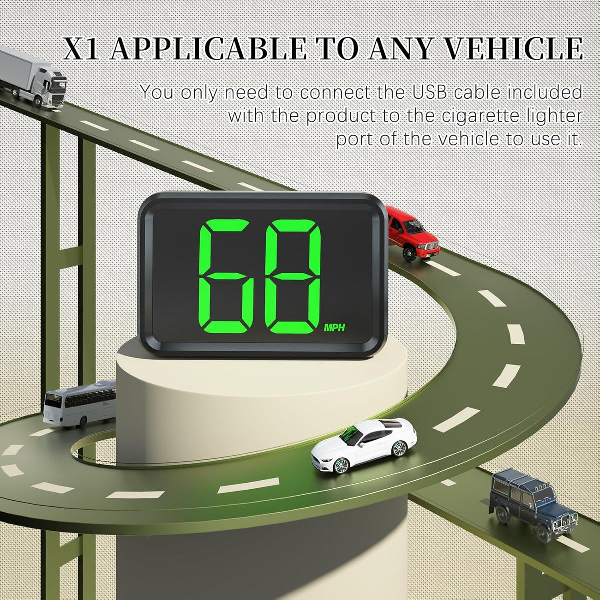 GPS Digital Speed Meter with MPH, Car Head Up Display for All Cars, USB Cable Plug & Play (X1-Green-New)