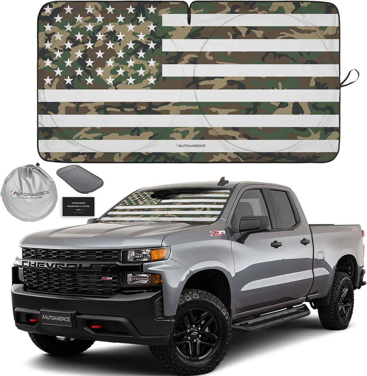 Autoamerics 1-Piece Windshield Sun Shade ERDL Camo American Flag USA Design - Foldable Car Front Window Sunshade for Most Sedans SUV Truck - Blocks Max UV Rays and Keeps Your Vehicle Cool - Large