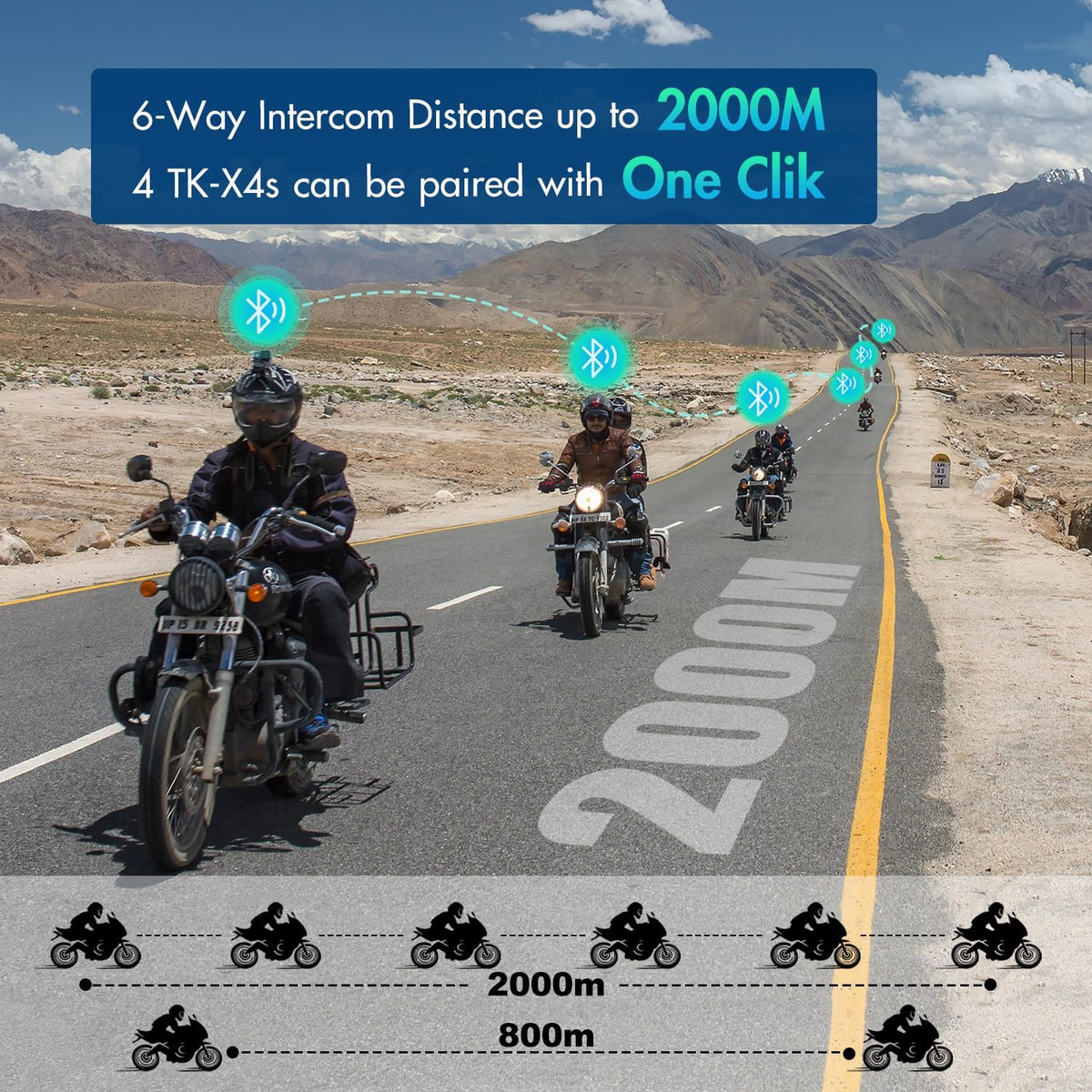 TK-X4 Motorcycle Bluetooth Headset, 6 Riders 2000m Helmet Intercom with Bluetooth 5.1/Music Share/Top-Tier Noise Reduction/HiFi Stereo Sound,Universal Communication System Headphones(1 Pack)