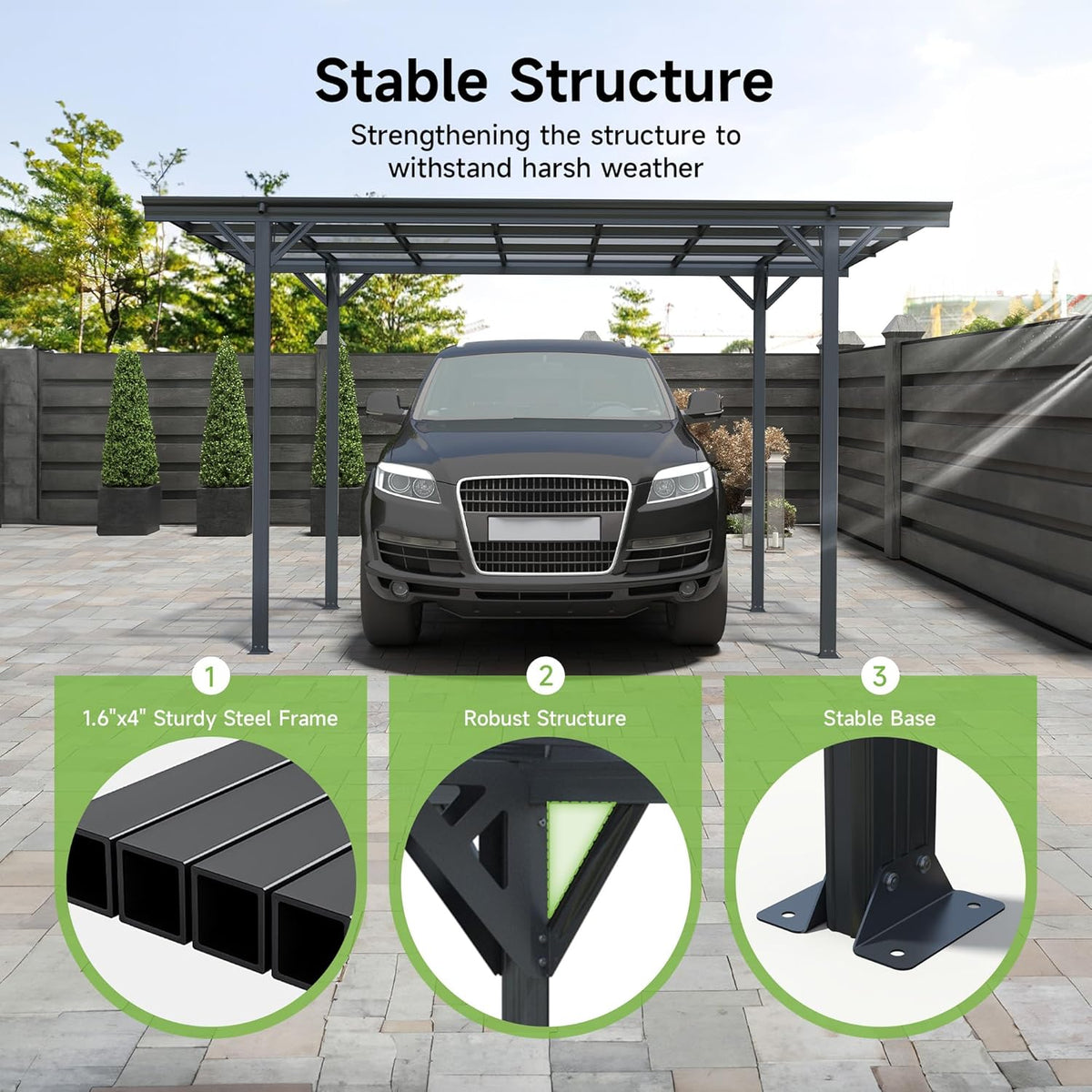 Real Relax 10×16ft Heavy Duty Carport, Pitched-Roof Polycarbonate Panel Canopy, Garage for Trucks, SUVs and Boats, All-Weather Outdoor Storage Car Port, Gray