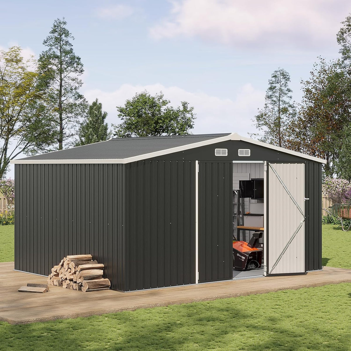 Aoxun 12x10 FT Shed Metal Outdoor Waterproof Storage Shed Steel Utility Garden Tool Shed with Door & Lock Outdoor Storage for Garden Patio Lawn Poolside, Black