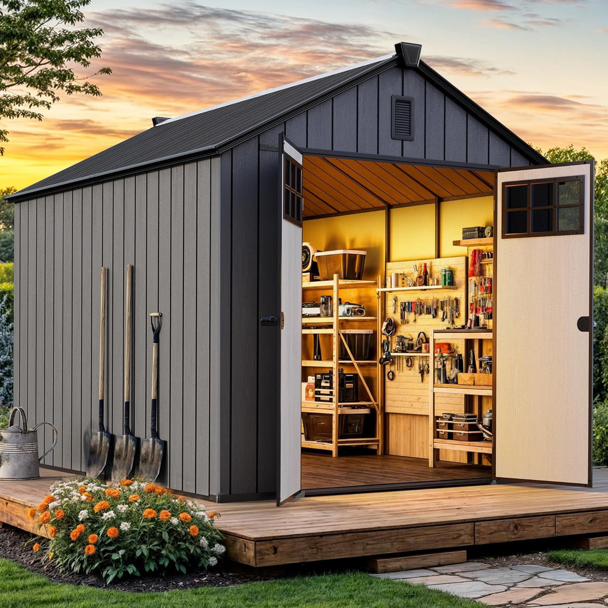 YITAHOME 8x10 FT Outdoor Storage Shed with Floor, Plastic Garden Shed for Bikes, Tools, and Pool Supplies, Outdoor Resin Shed with Lockable Doors, Windows, and Vents for Patio, Lawn, Backyard, Black