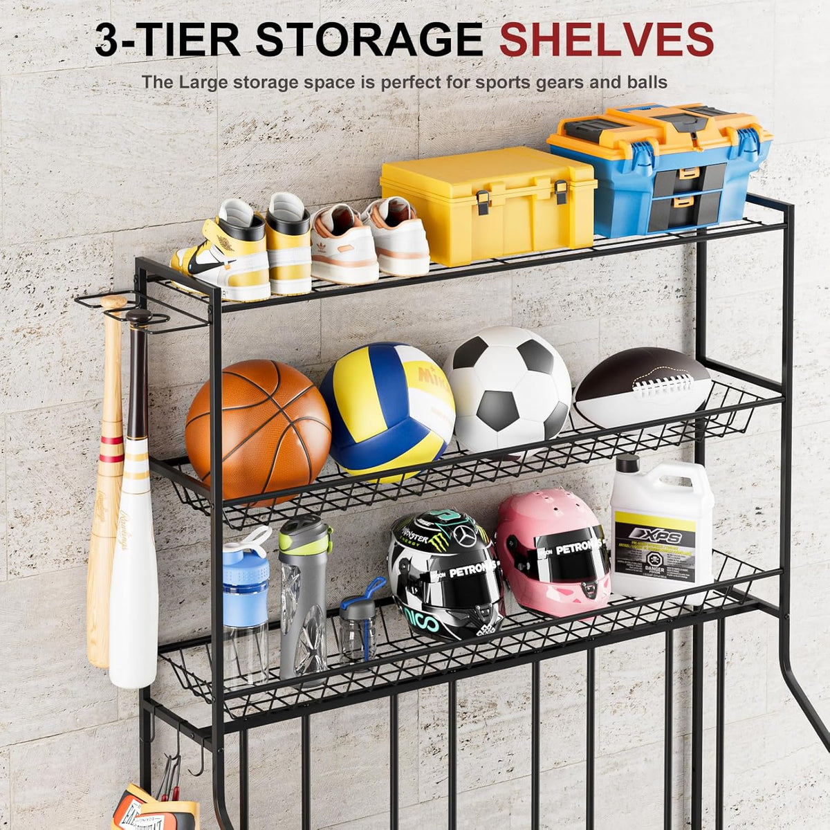 4 Bike Stand, Bike Rack Garage with 3-Tier Storage Rack, Bicycle Stand for Garage Organizer, Indoor Sporting Gear Storage Station for Mountain/Road/Hybrid & Fat Tire Bike, Patent Pending