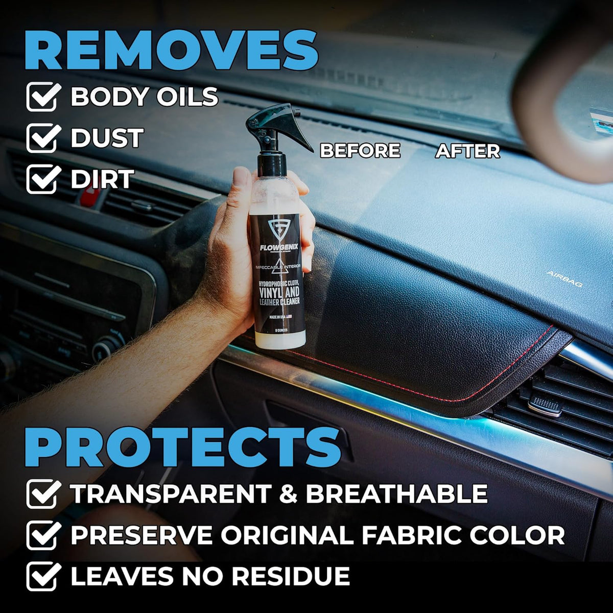 Leather Interior Car Cleaner & Detailer (8oz) - Hydrophobic Textile, Nylon, Carpet - All Purpose Auto Upholstery Cleaner & Protectant - incl. 2 Microfiber Towels