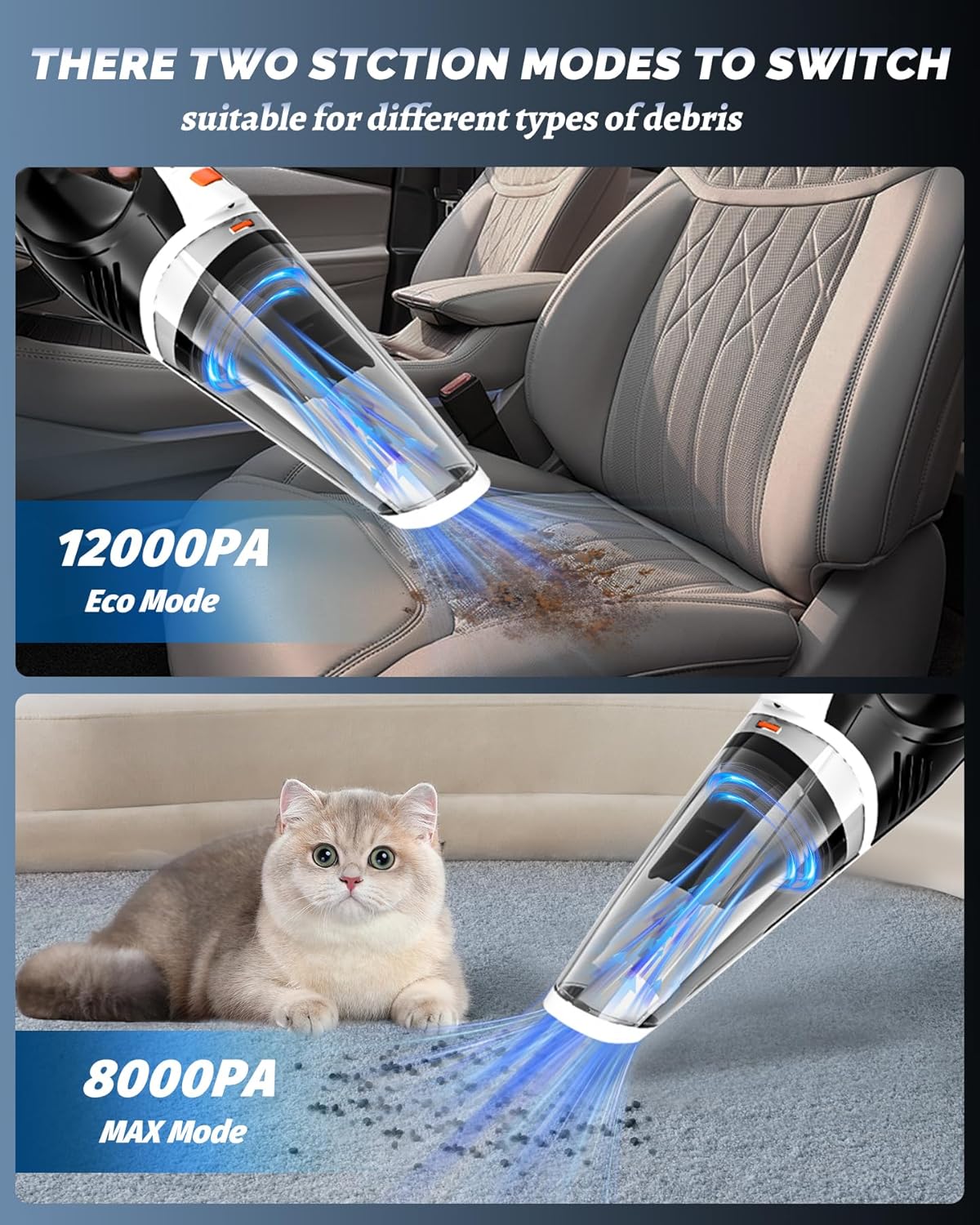 BRL Handheld Vacuum Cordless Car Vacuum Cleaner Rechargeable with LED, Hand Vacuum Lightweight, High Power Suction, Hand Held Vacuum Washable Filter and Multi-Nozzles for Car, Home Office, Pets