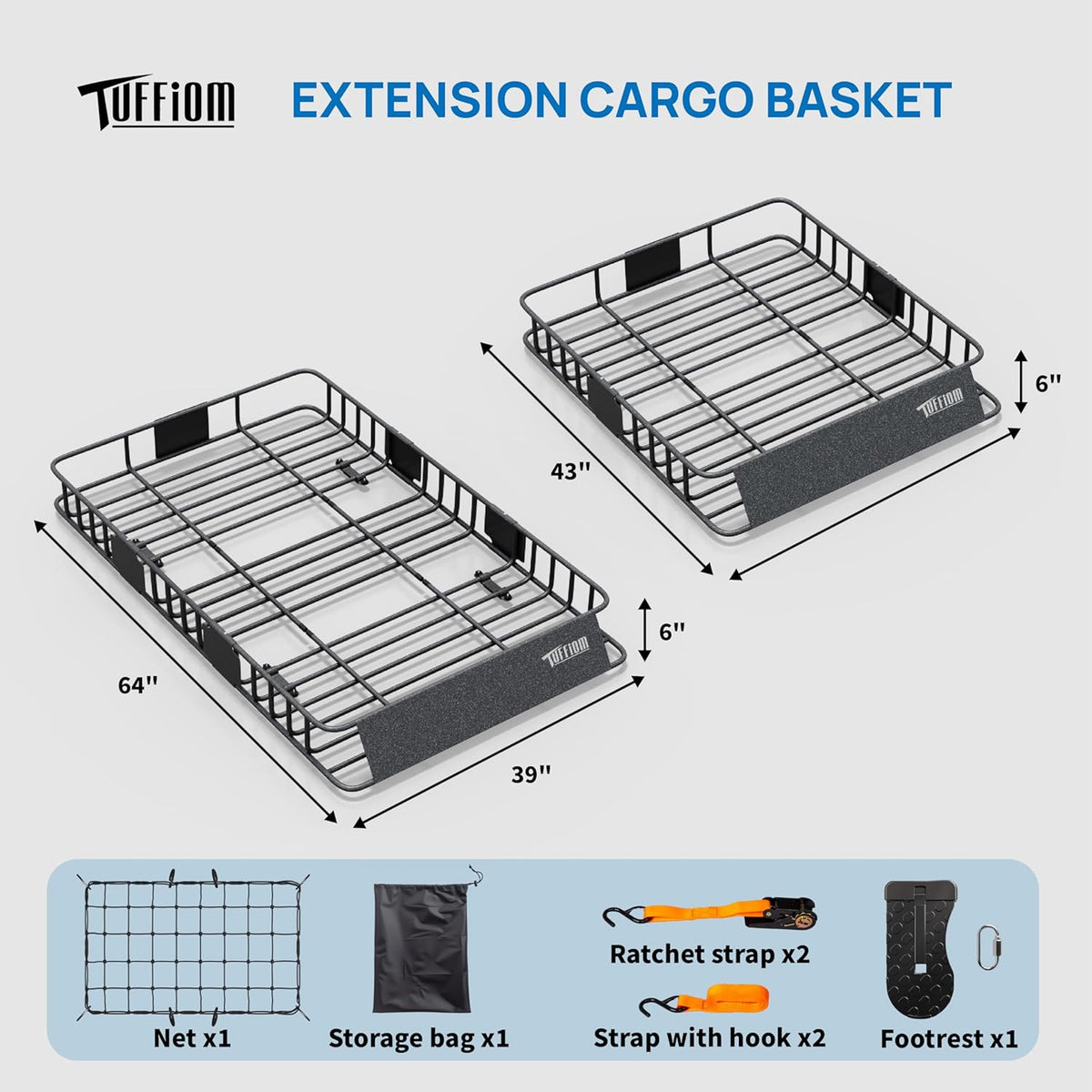 TUFFIOM 64"x 39"x 6" Universal Rooftop Cargo Carrier Basket, Extendable Steel Roof Rack Basket w/Net+Storage Bag+Pedal+Straps, Heavy Duty Car Top Rack Luggage Holder Carrier for SUV Car Truck Van