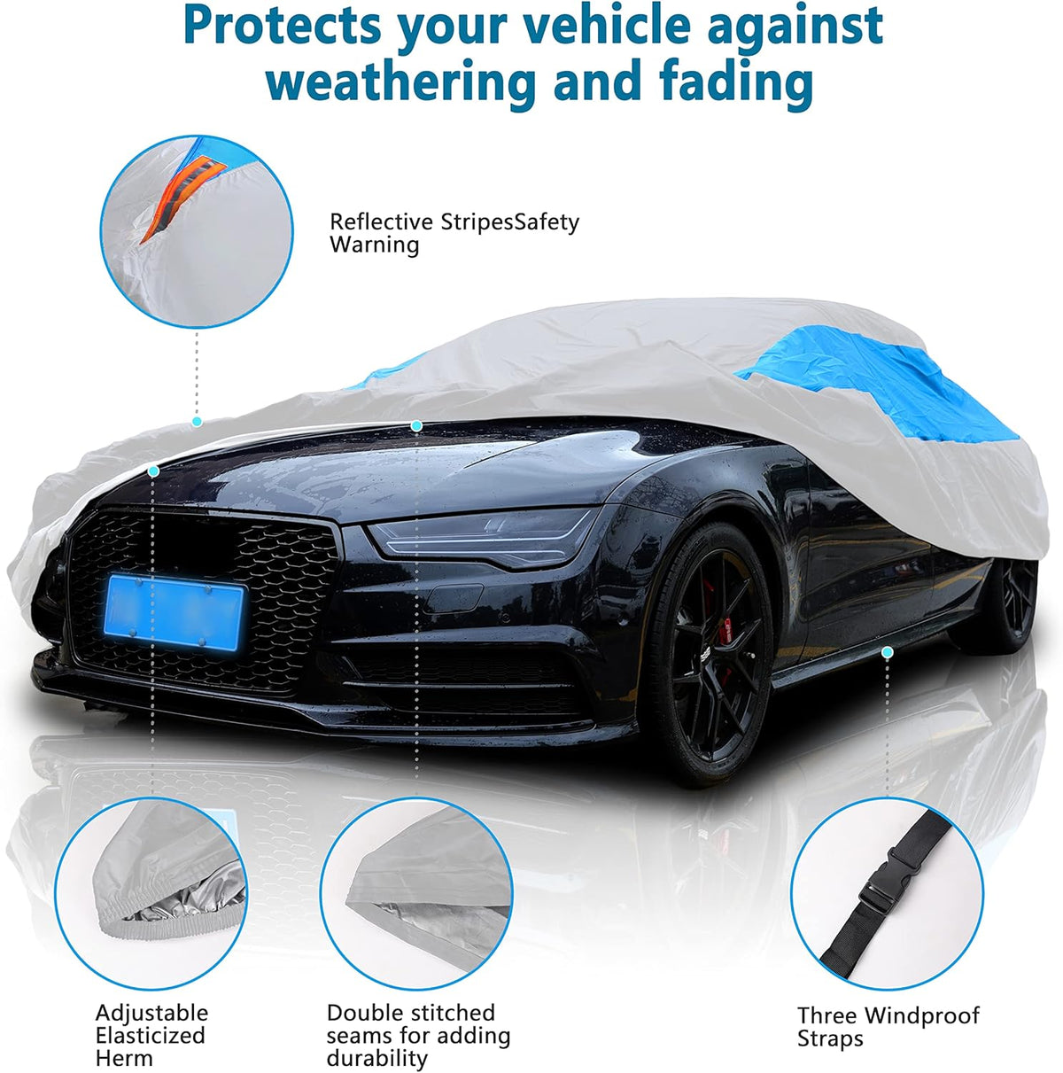 MORNYRAY Waterproof Car Cover All Weather Snowproof UV Protection Windproof Outdoor Full car Cover, Universal Fit for Sedan (Silvery, Fit Hatchback Length(Up to 173 inch)