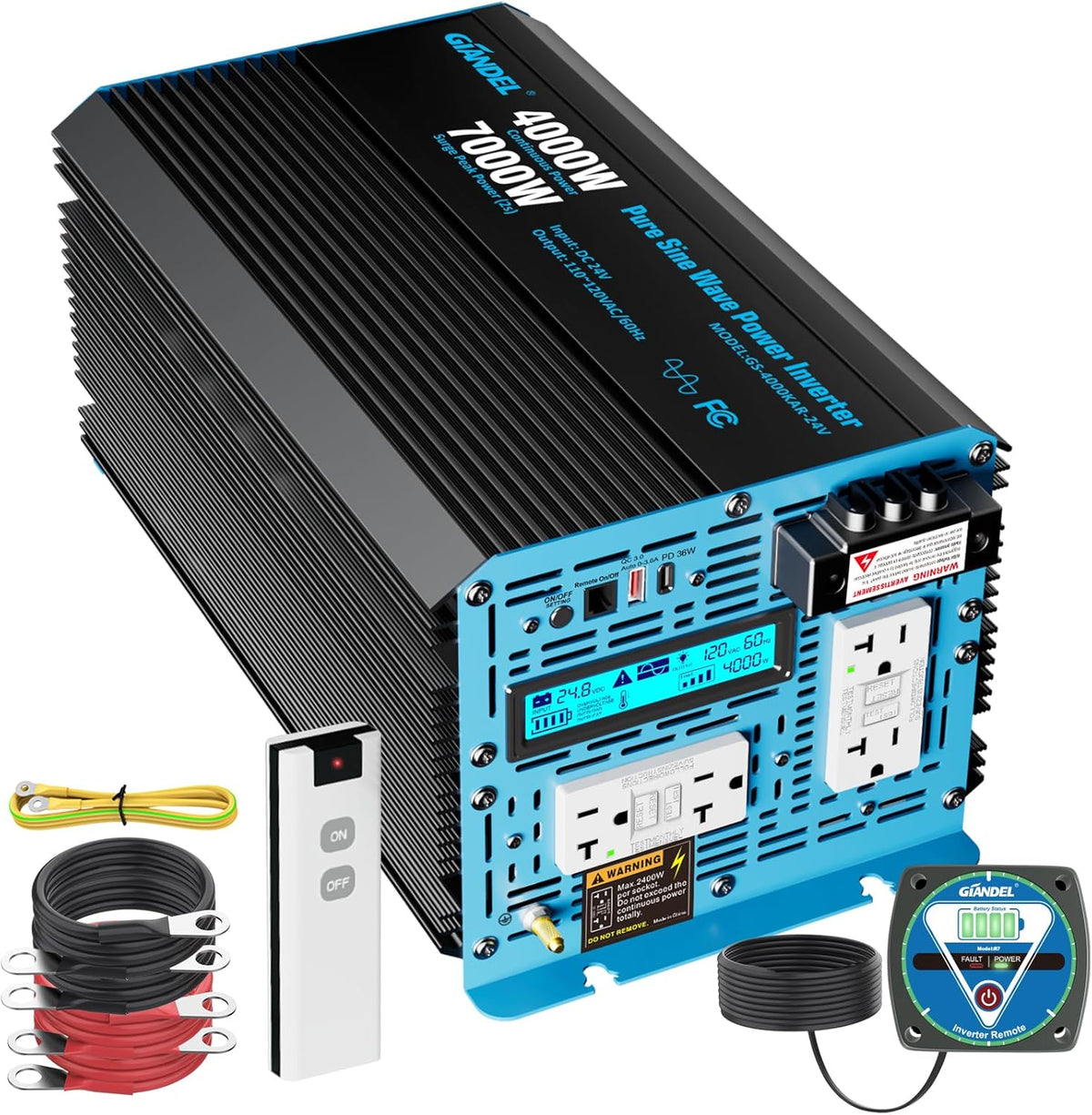 GIANDEL 4000 Watt 24 V Pure Sine Wave Power Inverter 7000Watt Surge,UL458 Listed GFCI Outlets,Inverter 24V DC to 120V AC,FCC Approved,Remote with Battery Level for RVs Campers Off Grid Solar Setup