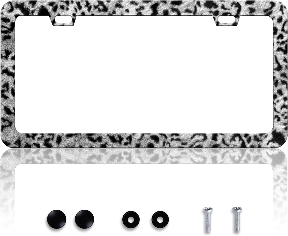 Grey Black Leopard Print License Plate Frame Cheetah License Plate Frames Personalise Stainless Steel Funny Design Compatible with Standard License Plate Holder for USA Canada 6 X 12 Inch with Screws