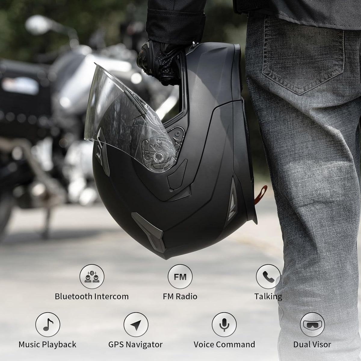 Motorcycle Helmet Bluetooth 5.0 Integrated New EPS FreedConn BM2-S Modular Flip Up Dual Visor Motorbike Helmet DOT FMVSS-218 Approved MP3 FM for Adults Men Women(Large, Glossy Black)