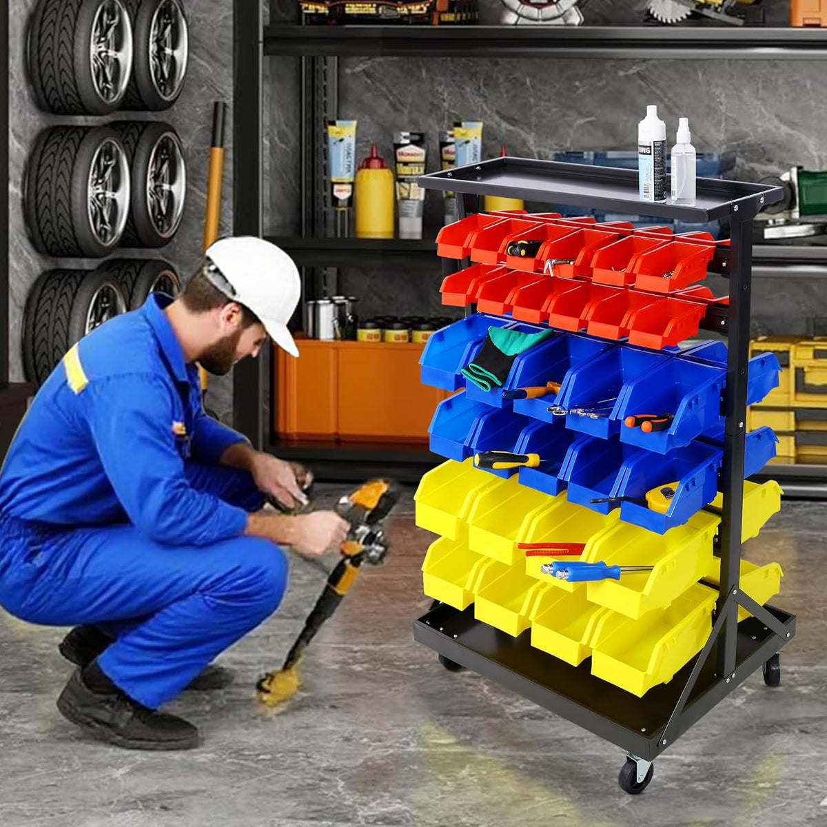 60 Parts Bin Rack Garage Storage Unit 6 Tiers System Steel Shelf with Portable Wheels, Mobile Tool Organizer Plastic Bins, for Men Birthday Gift (6 Tiers)