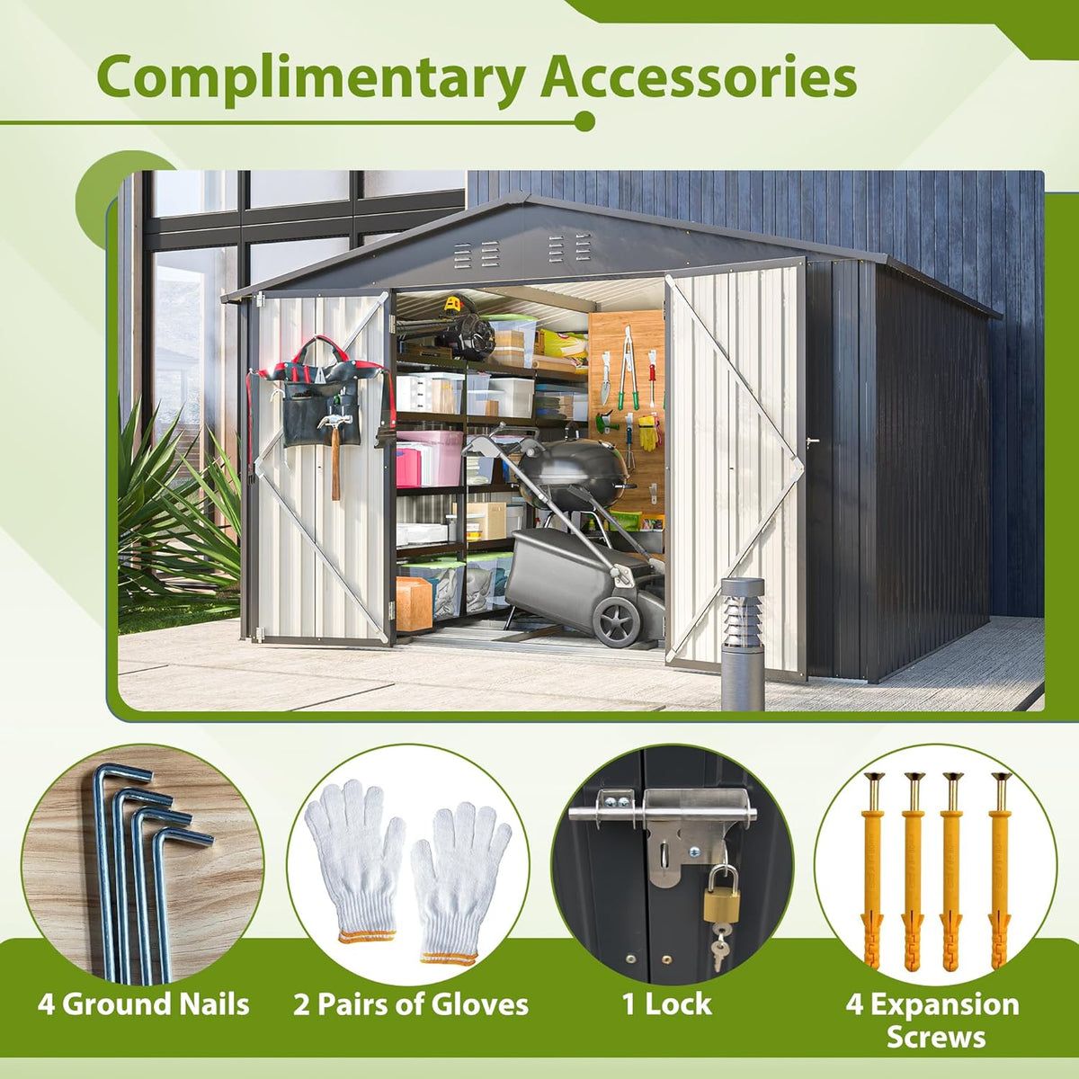 10X8 FT Outdoor Tool Storage Shed with Metal Foundation & Lockable Doors, All Weather Metal Sheds for Garden, Patio, Backyard, Lawn