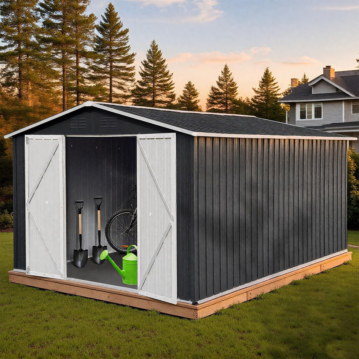 10 x 12 FT Outdoor Storage Shed, Metal Garden Tool Shed with Slooping Roof, Lockable Doors and Windows, Easy to Assemble for Garden, Patio, Lawn, Black