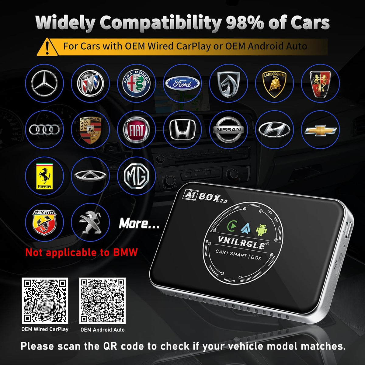 4-in-1 Wireless CarPlay Adapter & Android Auto Wireless Adapter, Stream Netflix, YouTube, and More, Split-Screen & Mirroring, for Cars with OEM Wired CarPlay/Android Auto