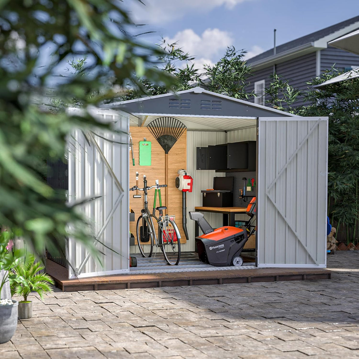 8x6 FT Outdoor Tool Storage Shed with Metal Foundation & Lockable Doors, All Weather Metal Sheds for Garden, Patio, Backyard, Lawn,