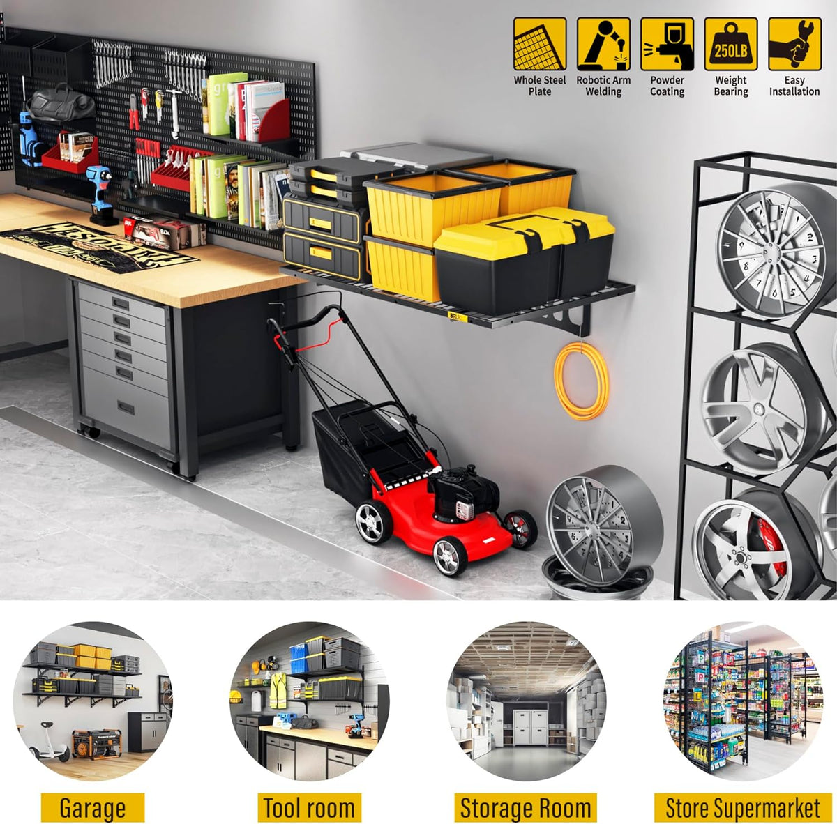 2x3ft Adjustable Rail Wall Garage Storage Shelf, Tool Room, Supermarket Wall Storage Shelving Rack (1 Pack-Black)