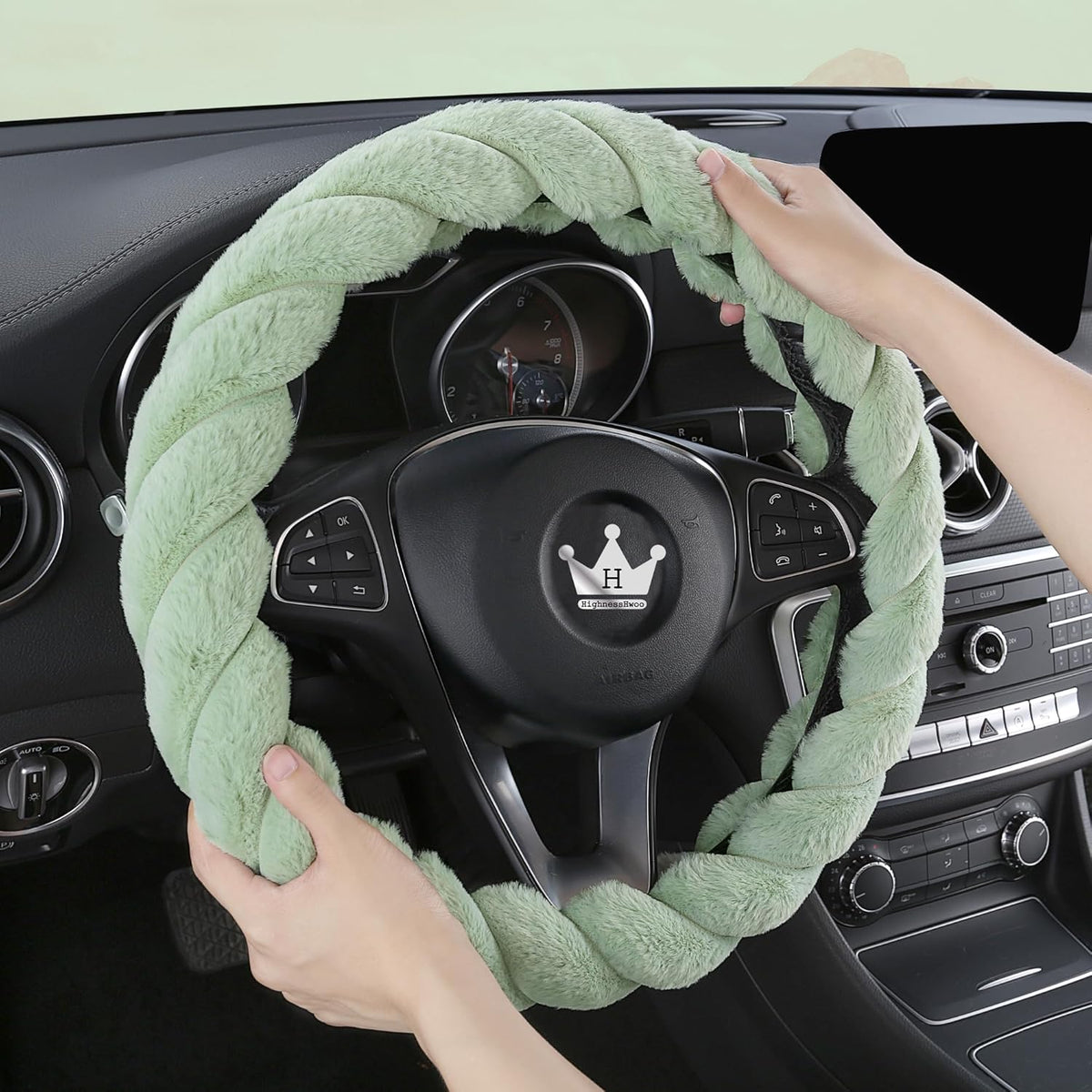 Luxury Fluffy Winter Car Steering Wheel Cover for Women Soft Warm Plush Cute Auto Accessories for Vehicle, Sedan, Universal, Fuzzy, Anti Slip, Green, Standard Size, 14.75-15.15"