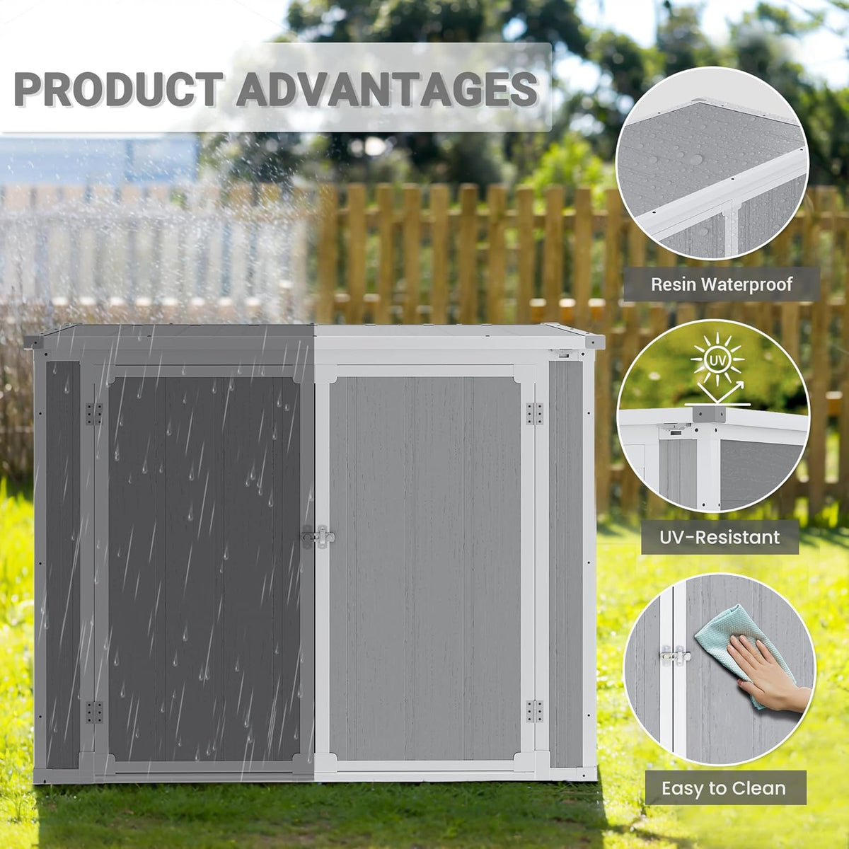 Horizontal Storage Shed 41 Cu.Ft, Lockable Outdoor Resin Cabinet for Garbage Cans, Lawn Mower & Garden Tools, Weather-Resistant Design for Patio or Backyard (Cold Gray)