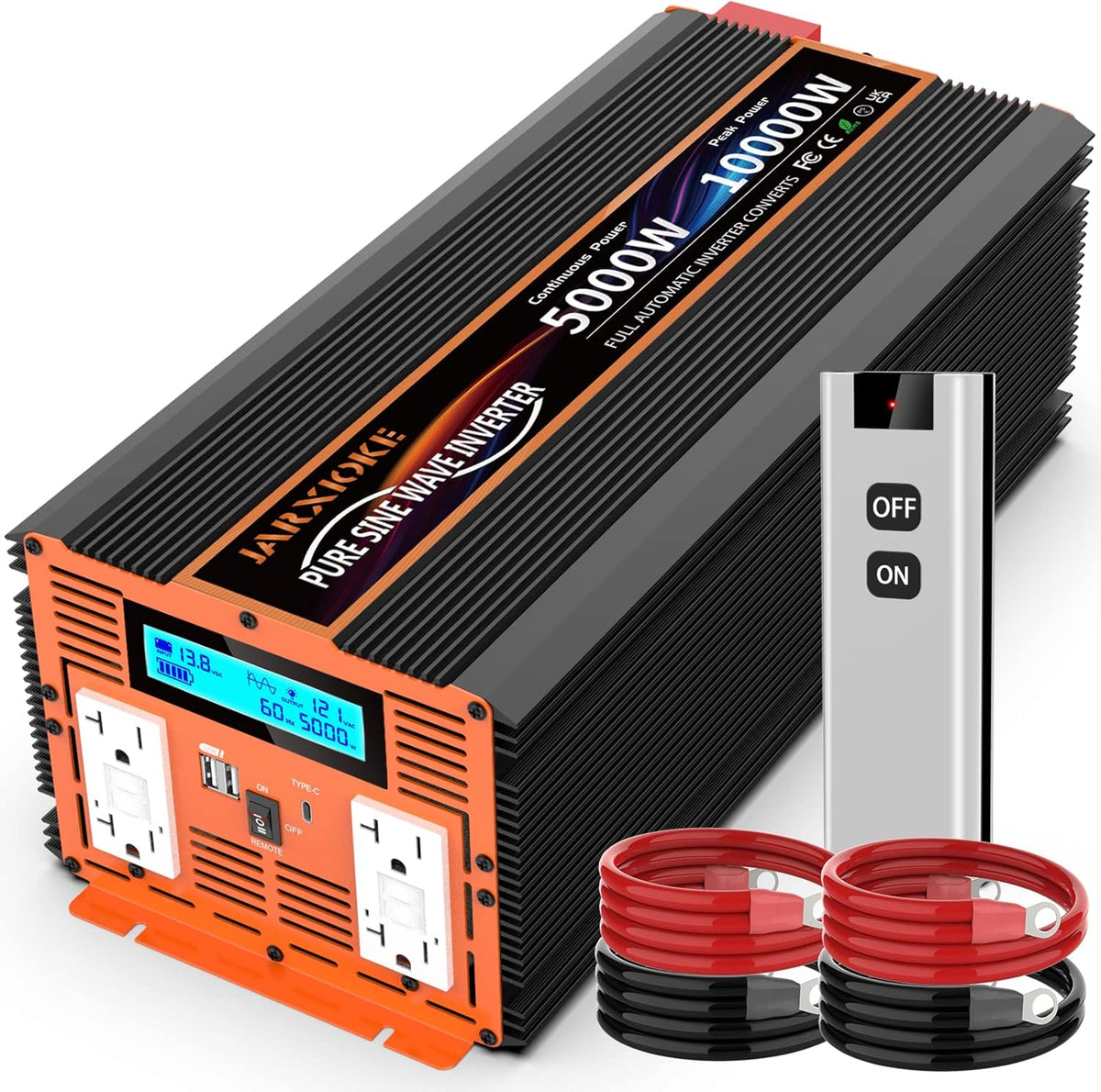 5000W Pure Sine Wave Power Inverter 12V DC to 110V 120V Converter for Family RV Off Grid Solar System Emergency Power Supply, Type-C Port 4 GFCI AC Outlet Dual USB Remote Control and LCD Display