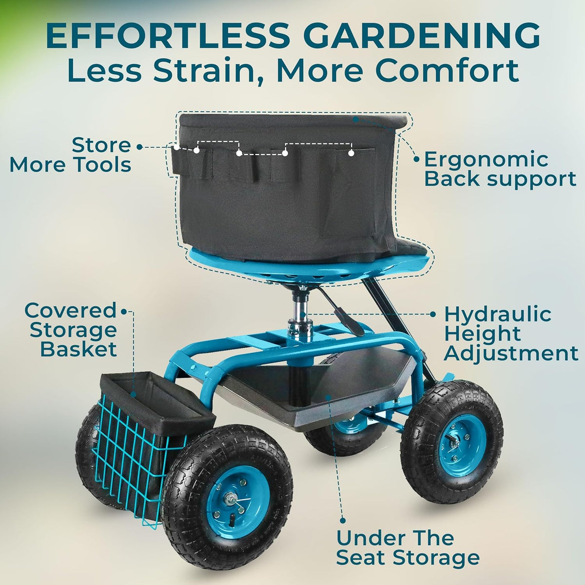Garden Seat with Wheels – Adjustable 360° Swivel Gardening Stool with Hydraulic Height Adjustment, Ergonomic Backrest, and Tool Storage – Rolling Stool for Garden, Yard, and Outdoor Use