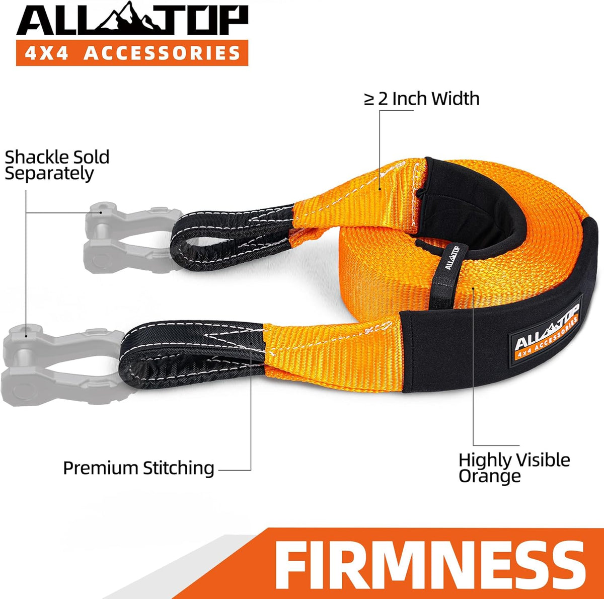 ALL-TOP Recovery Snatch Strap, 4in x 20ft - 46500Lbs, Extreme Duty 100% Nylon Kinetic Towing Recovery Strap with 22% Elongation & Reinforced Loops